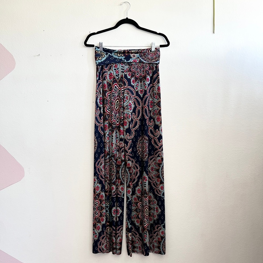 Blue Paisley Palazzo Pants Wide Leg Boho Bohemian Festival Retro Small